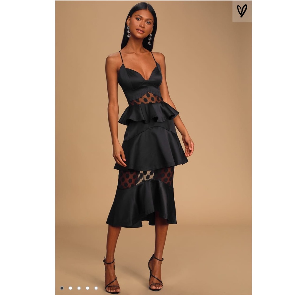 Lulus ELLIATT Aleko Black Satin Tiered Midi Dress